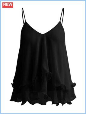 Women's Ruffled Chiffon Camisole Top Adjustable Spaghetti Strap V Neck Layered